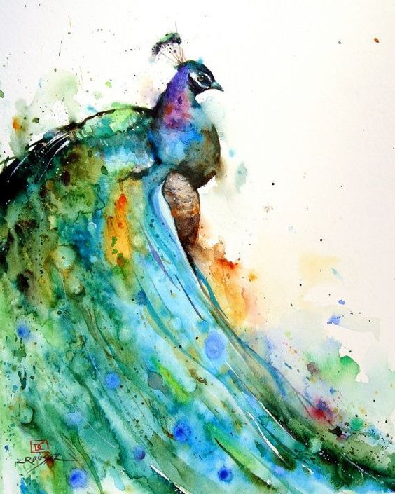 Amazing watercolor peacock with huge blurred tail tattoo design