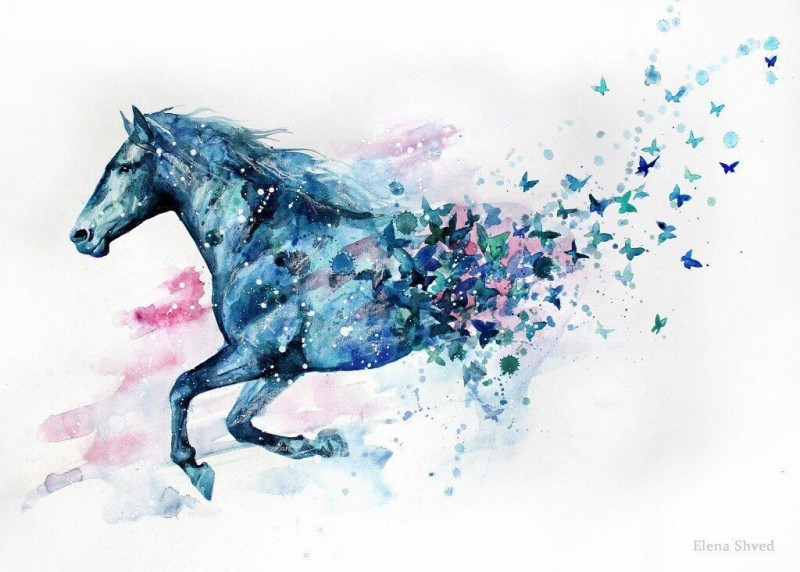 Amazing watercolor running horse turning into butterflies tattoo design