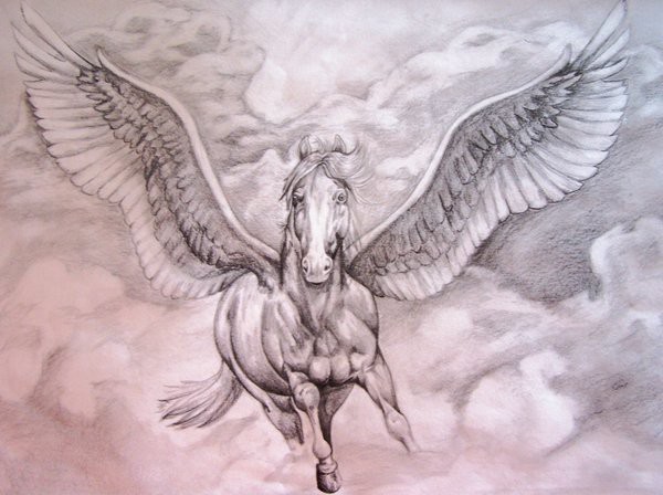 Amazing white pegasus flying in the sky tattoo design