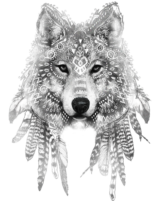 Amazing wolf head with white ritual indian signs tattoo design