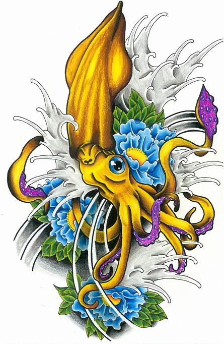 Amazing yellow new school water animal and blue flowers tattoo design
