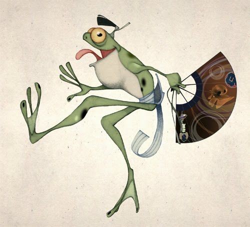 Amuse colorful cartoon frog with huge fan tattoo design