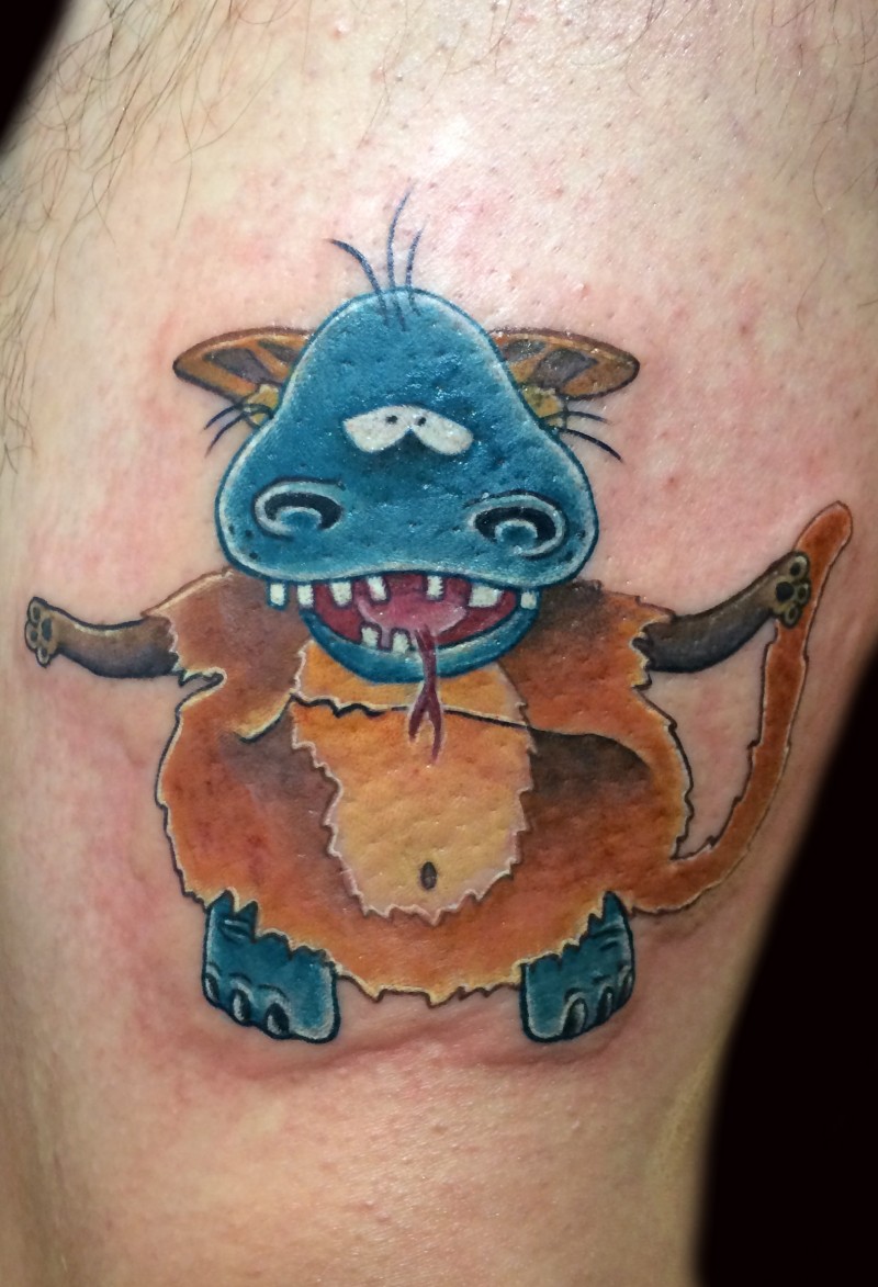 Amuse colorful hippo on monkey suit tattoo on thigh