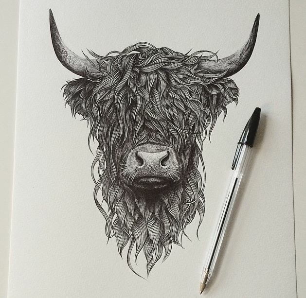 Amuse grey-ink bull with fluffy curled fur tattoo design