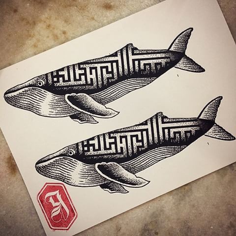 Amuse grey-ink geometric-patterned whale tattoo design