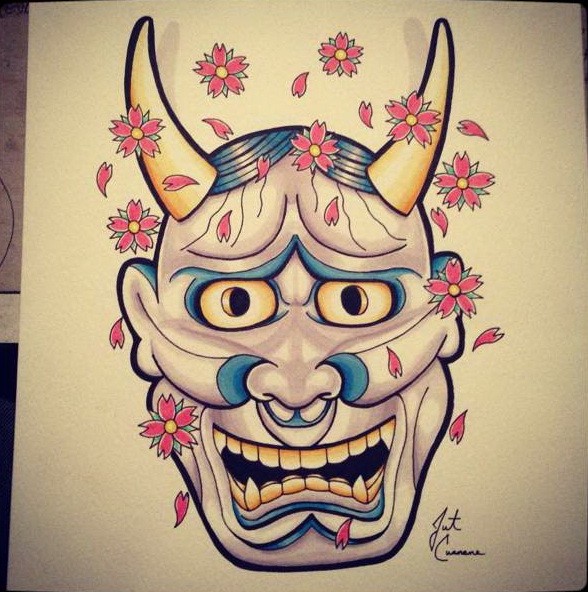 Amusing animated purple-and-blue devil face with falling cherry blossom tattoo design