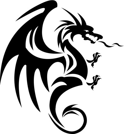 Amusing black tribal dragon breathing with flame tattoo design