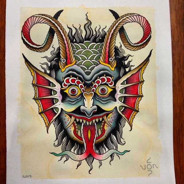 Amusing colorful old school style devil with hanging tongue tattoo design