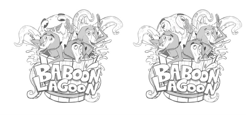 Amusing grey-and-white baboon flock in wooden barrel tattoo design