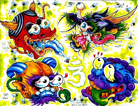 Amusing multicolor asian demon heads tattoo designs