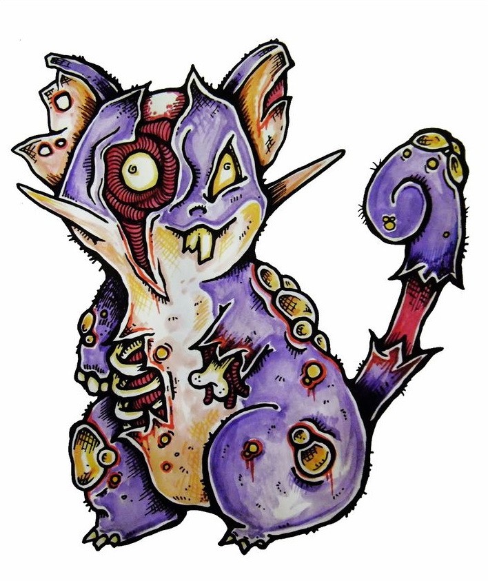 Divertido desenho de tatuagem pokemon zumbi de pêlo roxo