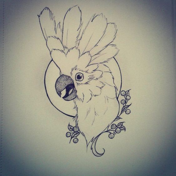 Amusing unolored parrot portrait with high topknot tattoo design