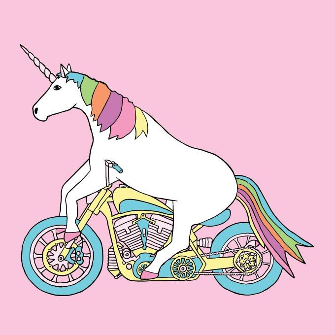 Amusing white unicorn riding by colorful bicycle tattoo design