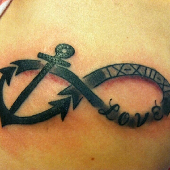 Anchor infinity with love lettering tattoo on wrist