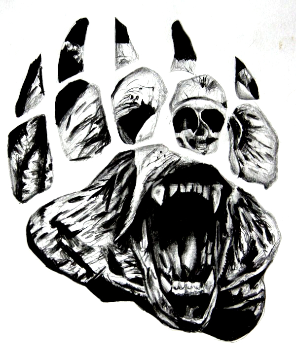 Angry bear in paw print frame tattoo design