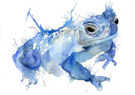 Angry big blue watercolor frog tattoo design