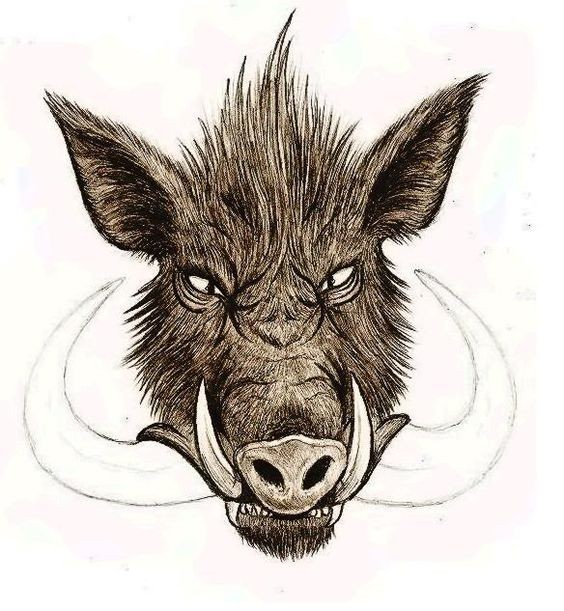 Angry black-and-brown wild pig with horns tattoo design