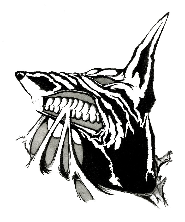 Angry black-and-grey doberman tearing a background tattoo design