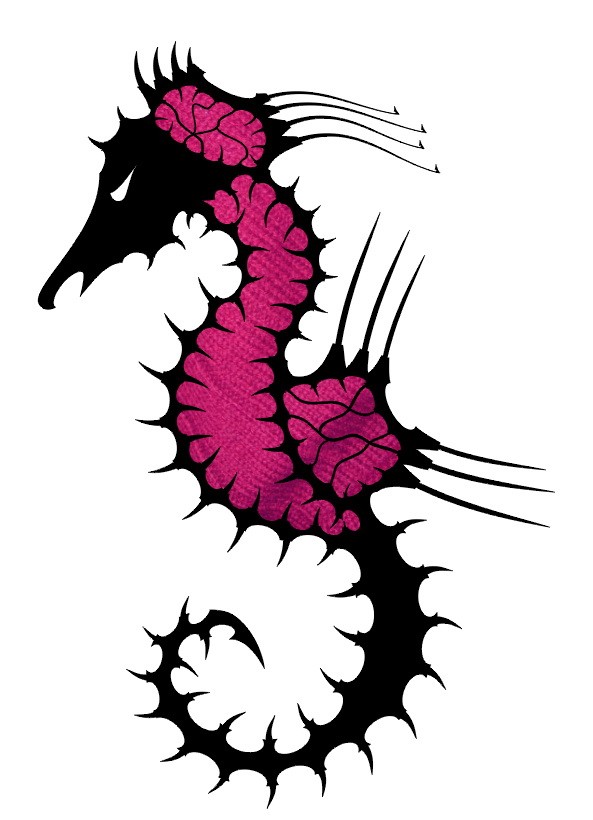 Angry black-and-pink spiny seahorse tattoo design by Tattoo Flash