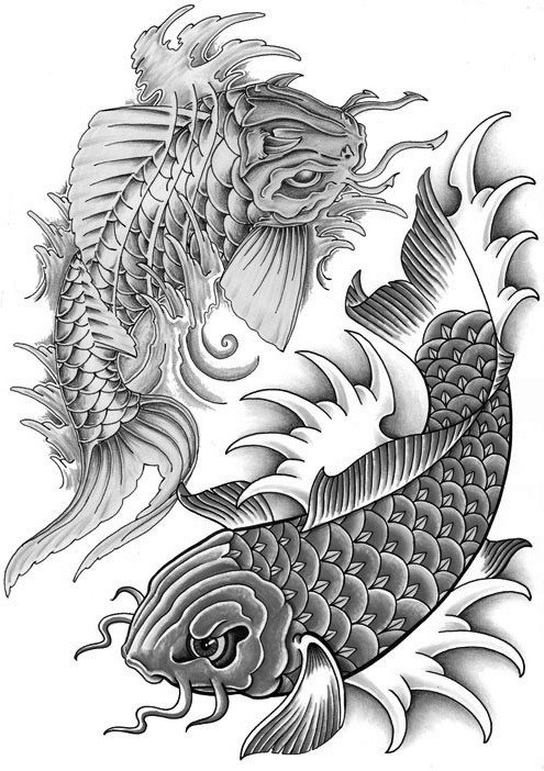 Angry black-and-white koi fish tattoo design