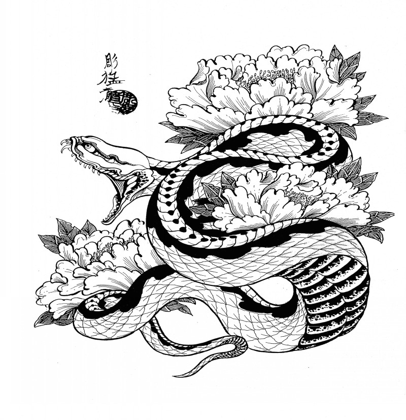 Angry black-and-white snake and peony buds tattoo design