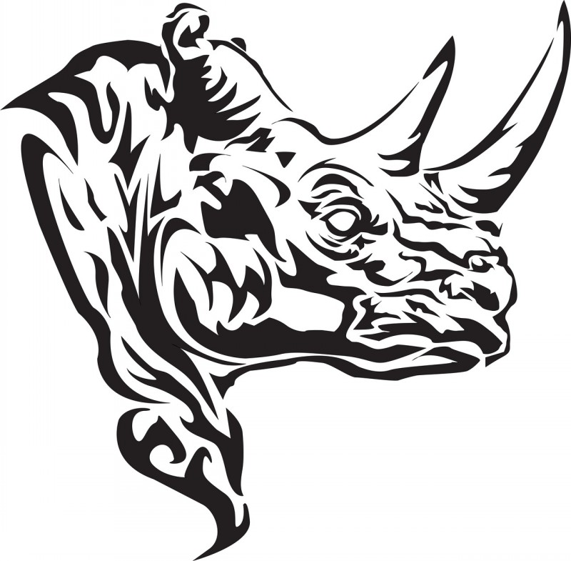 Angry black-ink rhino head in profile tattoo design