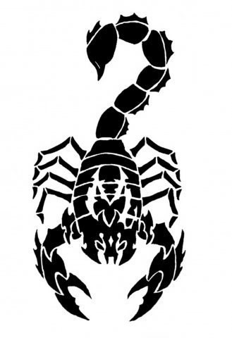 Angry black scorpion with zodiac symbol on shell tattoo design
