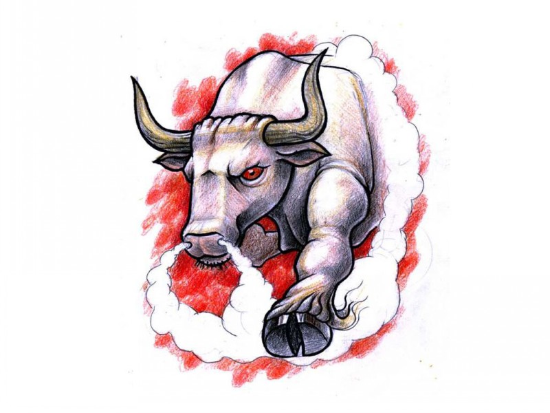 Angry bloody rushing bull tattoo design
