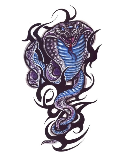Angry blue-belly cobra snake and black tribal vortex tattoo design