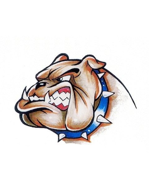 Angry brown bulldog with blue spiny collar tattoo design