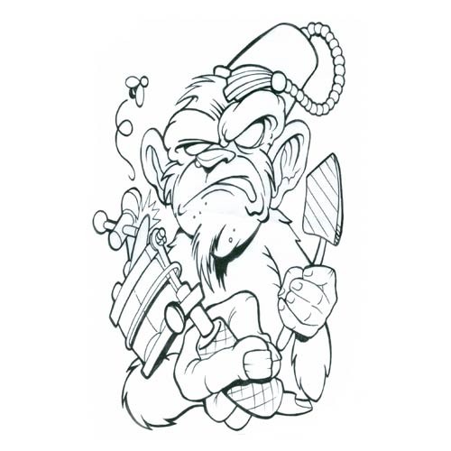 Angry cartoon monkey with working instruments tattoo design