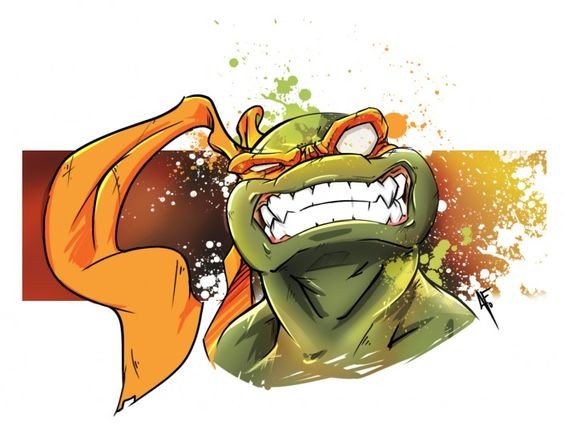 Angry cartoon ninja mutant turtle in orange eye stripe tattoo design
