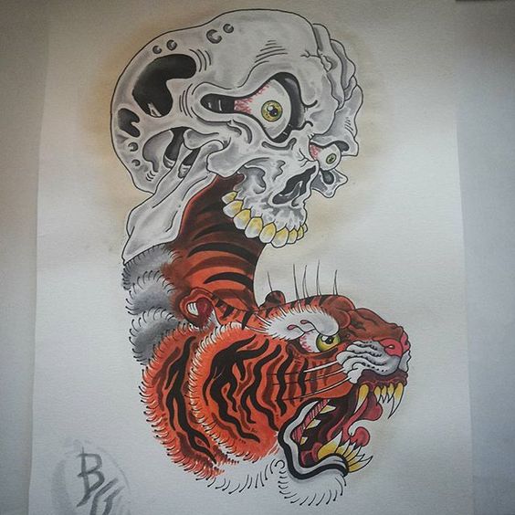 Angry chinese tiger eating by skull tattoo design
