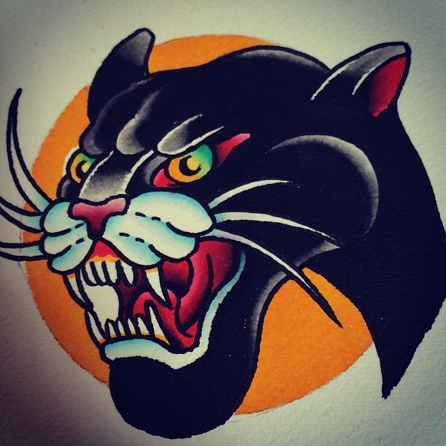 Angry colored panther on orange sun background tattoo design