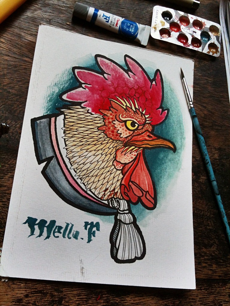 Angry colored rooster portrait in suit tattoo design