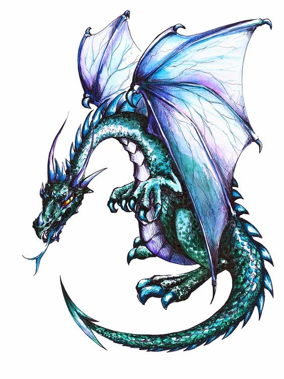 Angry dangerous blue-and-green dragon with open wings tattoo design