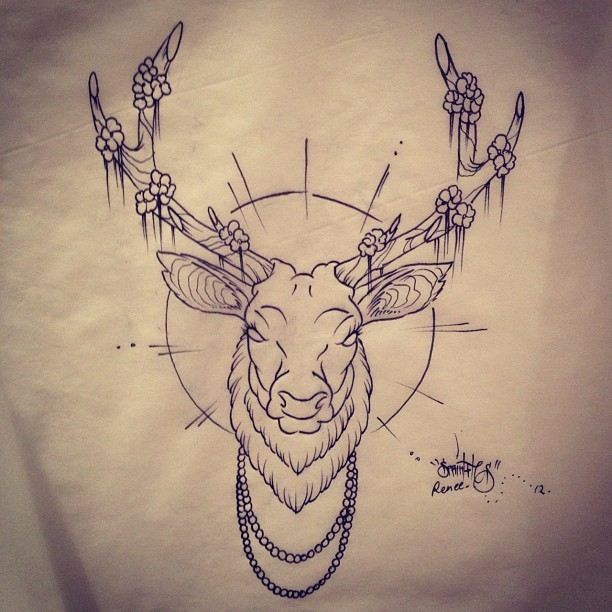 Angry deer with flowered horns and bead decoration tattoo design
