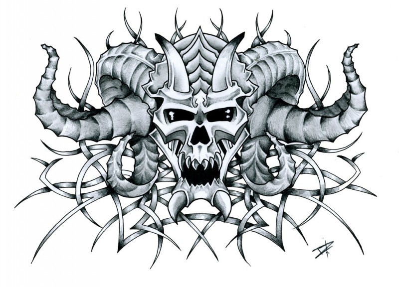 Crânio de demônio irritado com um monte de chifres grossos tatuagem desenho por Ezekielsdoom