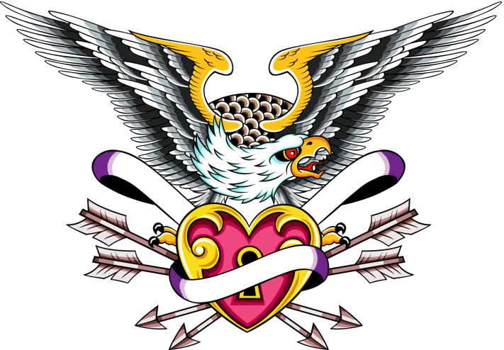 Angry eagle keeping locked heart with arrows tattoo design