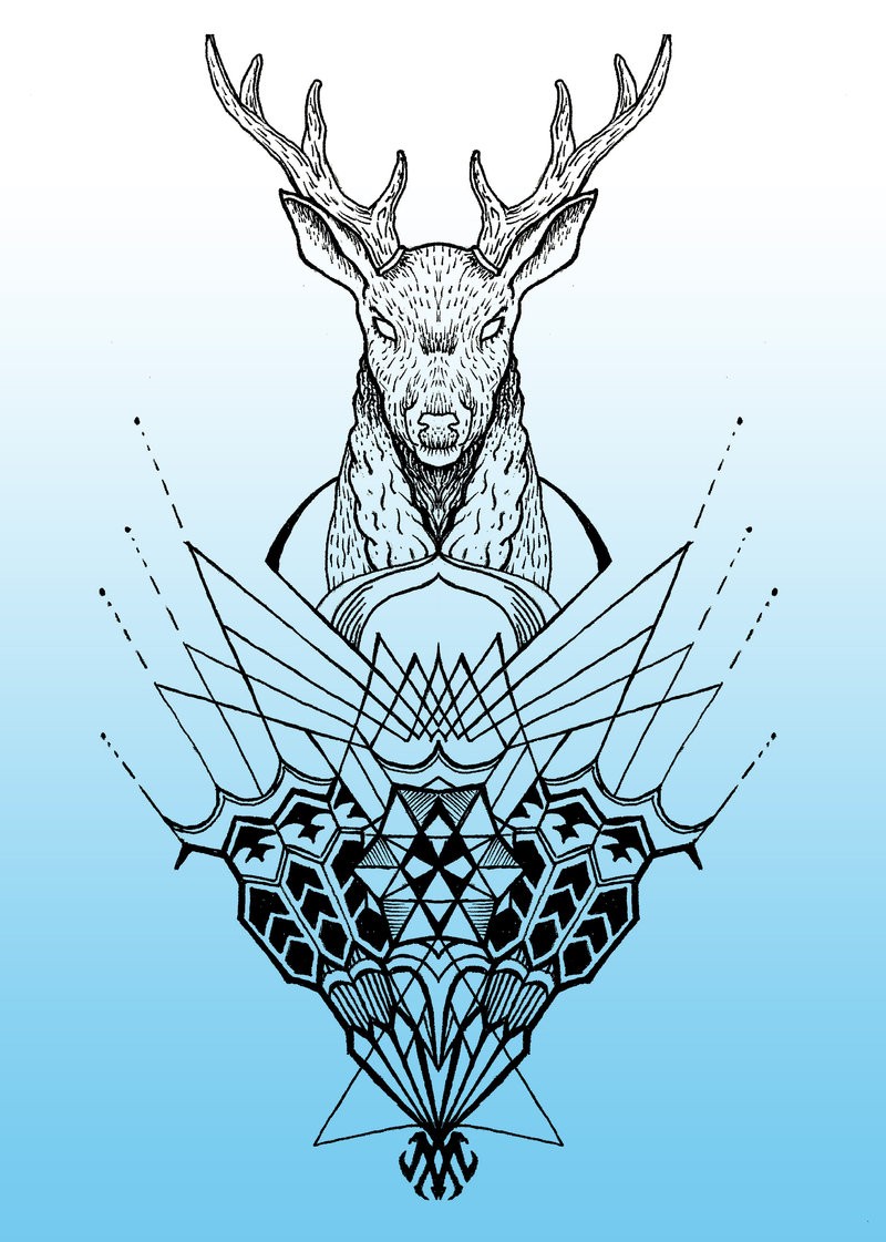 Angry empty-eyed deer with ornate decorations tattoo design by Splatkin