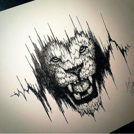 Angry gnalring lion in cardiogram tattoo design