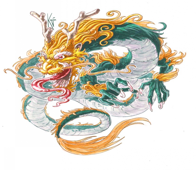 Angry green-skin chinese dragon with golden head tattoo design by Kajinman