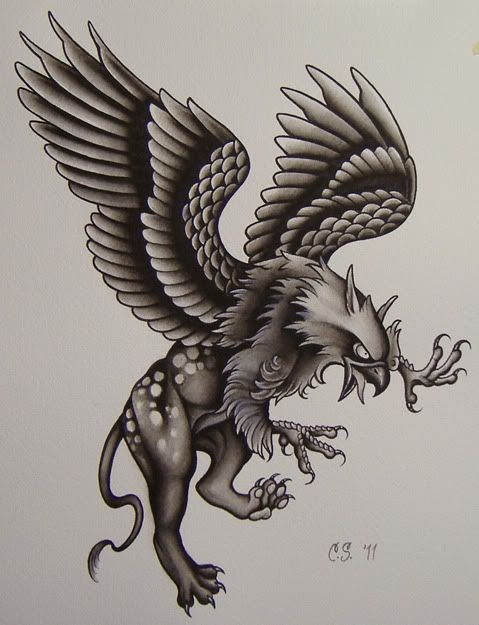 Angry grey-ink cartoon style attacking griffin tattoo design