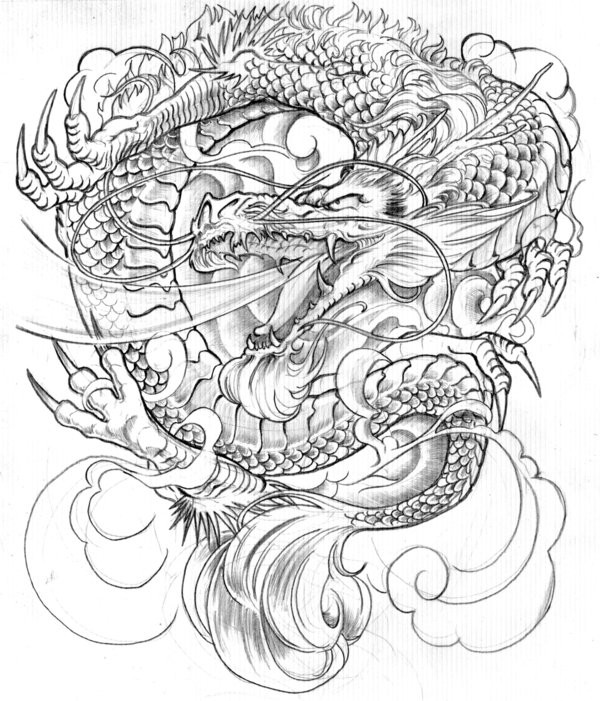 Angry grey-ink dragon in clouds tattoo design