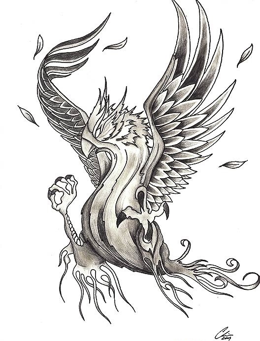 Angry grey-ink flying phoenix with falling feathers tattoo design