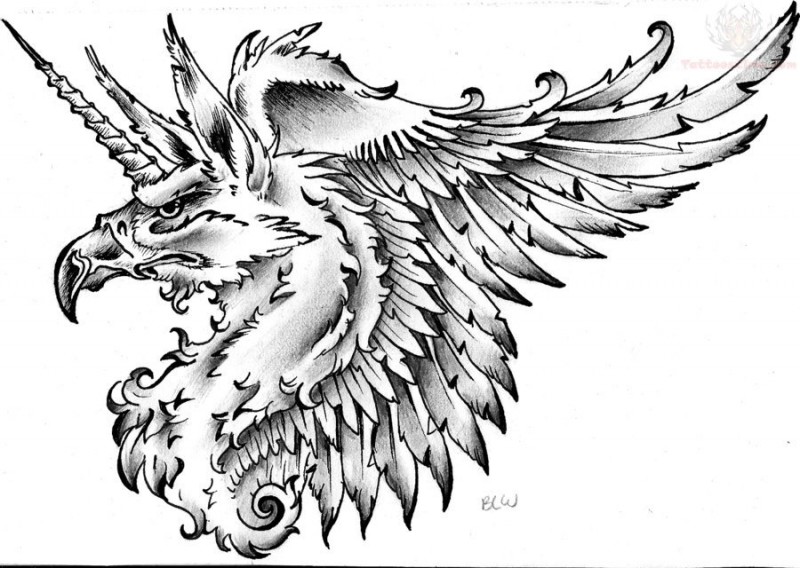 Angry grey-ink griffin unicorn portrait tattoo design