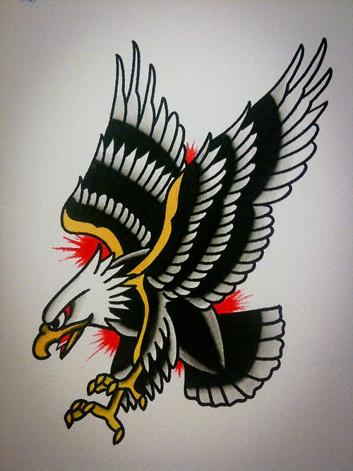 Angry old school eagle on red spot background tattoo design