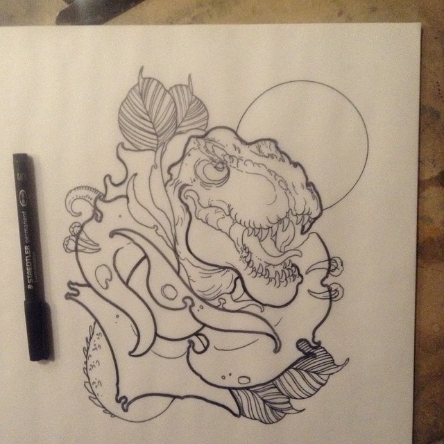 Angry outline dinosaur looking out of rose bud tattoo design