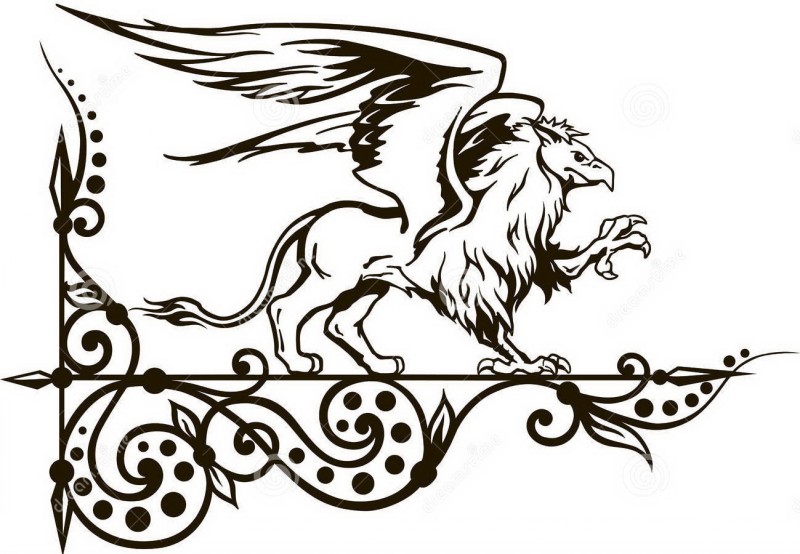 Angry outline griffin walking on decorated curles tattoo design
