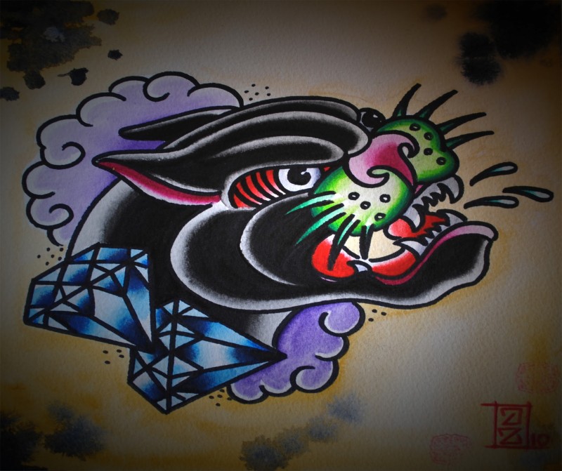 Angry panther with blue diamonds in purple smoke tattoo design